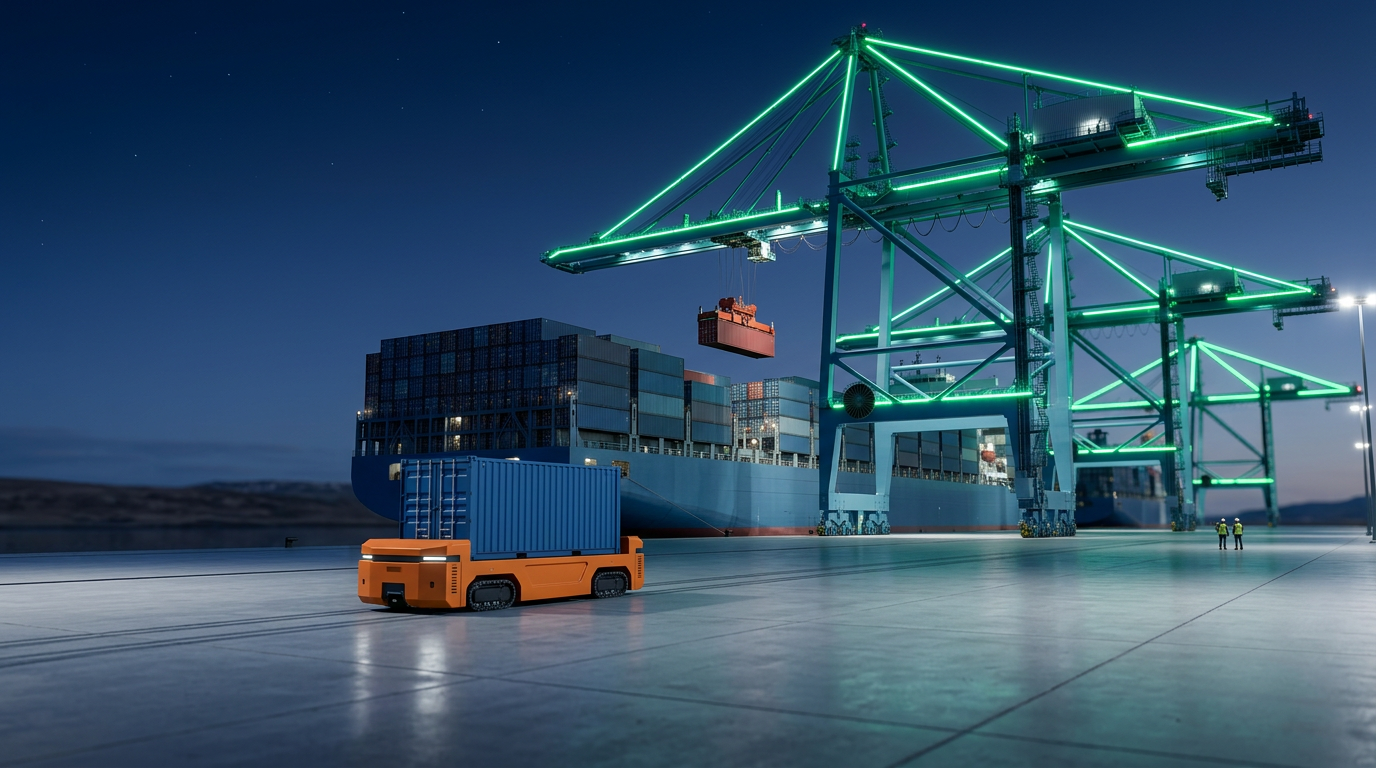 Autonomous container cranes operating under the aurora at the Galtarhöfn quay