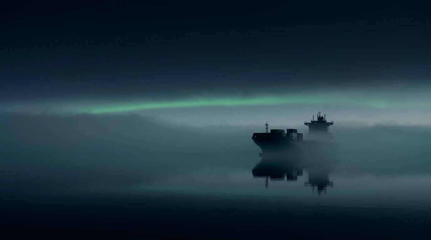 A cargo ship on calm, deep water in the fjord under a faint aurora
