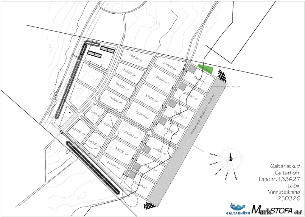 Master site-plan drawing for Galtarhöfn showing numbered lots, internal roads and quay alignment